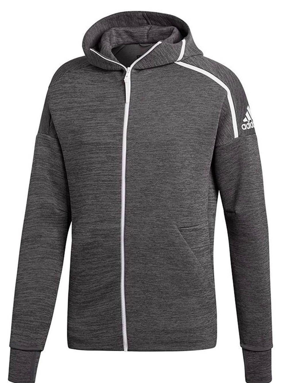 adidas Men’s Charcoal Heather Full-Zip Hooded Jacket with White Trim